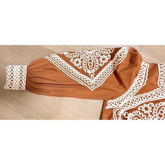 Sézane Calitta Embroidered Midi Dress Caramel Ecru Boho French Chic - Picture 6 of 8
